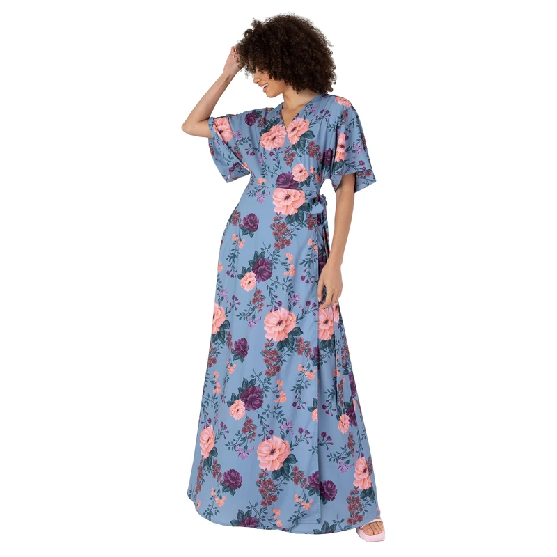 Anaya with Love Women's Women's Maxi Dress Ladies Wrap Short Angel Sleeves V-Neck Floral Waist Tie for Wedding Guest Occasion Evening Prom Ball Dress, Blue,