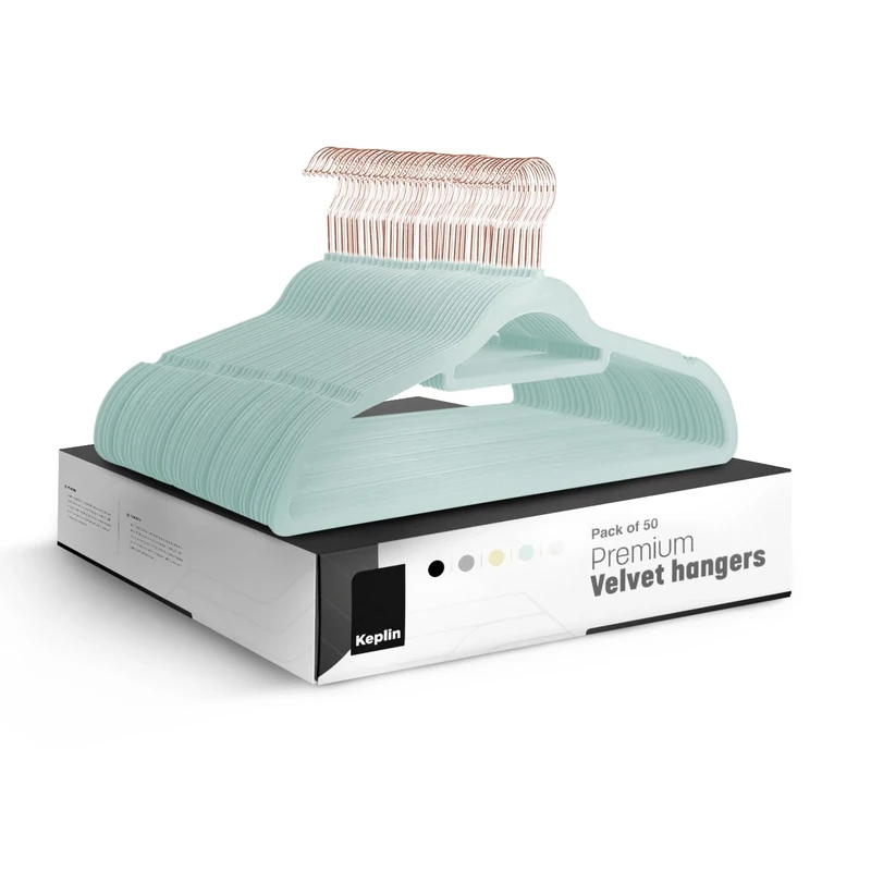 KEPLIN Velvet Hangers 50 Pack - Non-Slip Clothes Hangers with Tie Bar & 360° Hook - Durable & Sturdy, Space-Saving Wardrobe Organisers for Suits, Jackets & Clothes- Home Storage Solution (Mint Green)