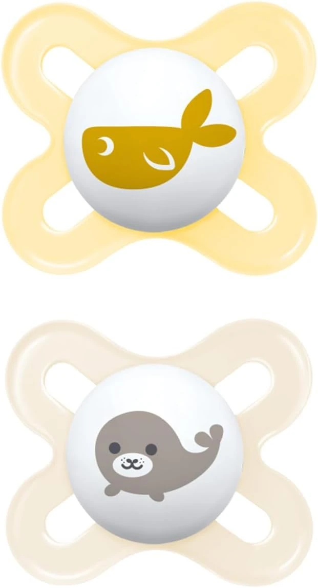 MAM Original Start Soothers | 0-2 Months | 2 Pack | Newborn Dummies | Comes in Dummy Steriliser Case | Sustainable Materials | Baby Accessories for Newborn | Cream (Various Designs)