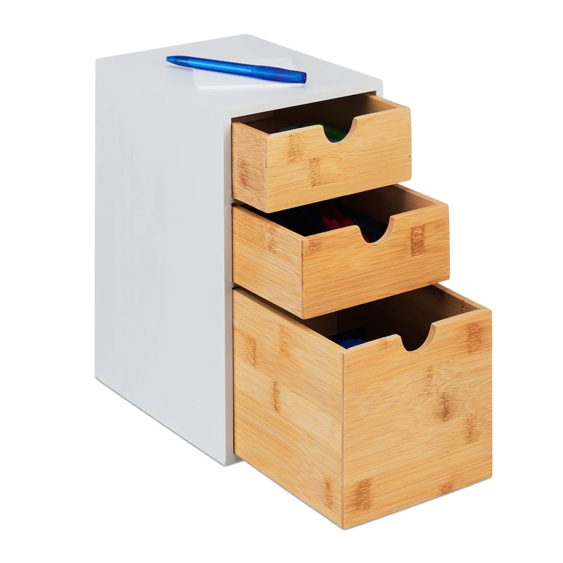 Relaxdays Drawer Box, Bamboo & MDF, Cosmetics, Stationery, Office, HWD: 28 x 17 x 21.5 cm, Desk Organiser, Natural/White - Image 1