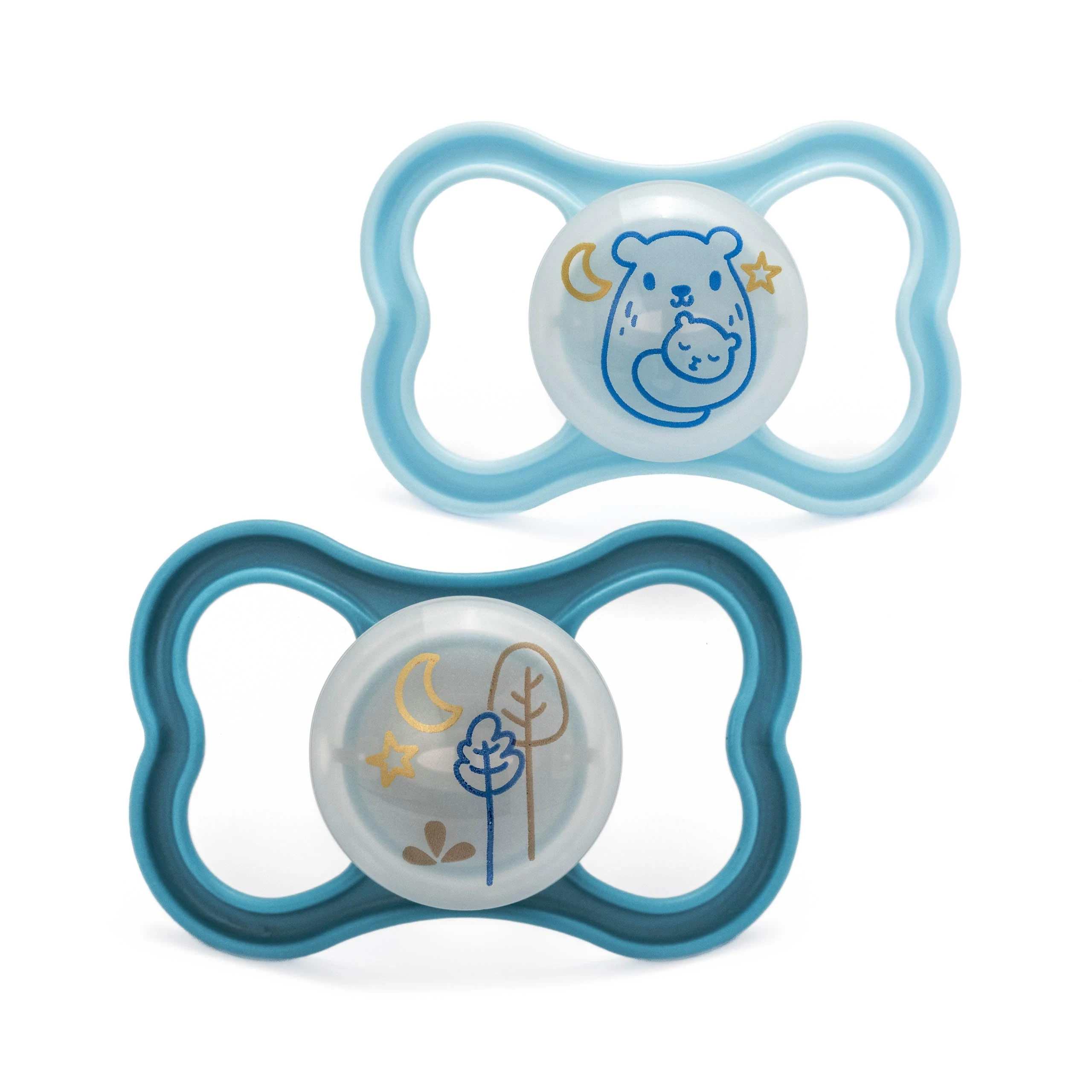 MAM Air Night Soothers | 6-18 Months | 2 Pack | Glow in The Dark Dummies | Comes in Dummy Steriliser Case | Baby Accessories | Blue (Various Designs)