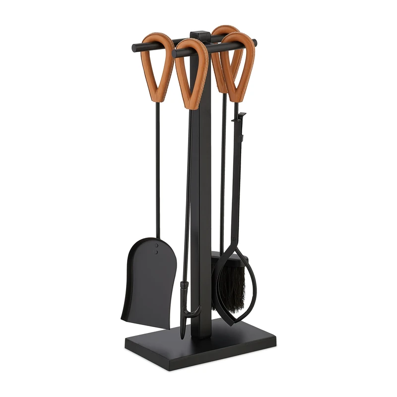 Relaxdays 5-piece Fireplace Tool Set, Poker, Ash Shovel, Broom, Tongs & Stand, Leather Handles, 62 x 25 x 16 cm, Black