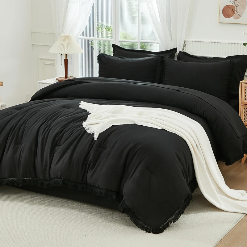 Andency Queen Comforter Set, 7 Pieces Black Bedding
