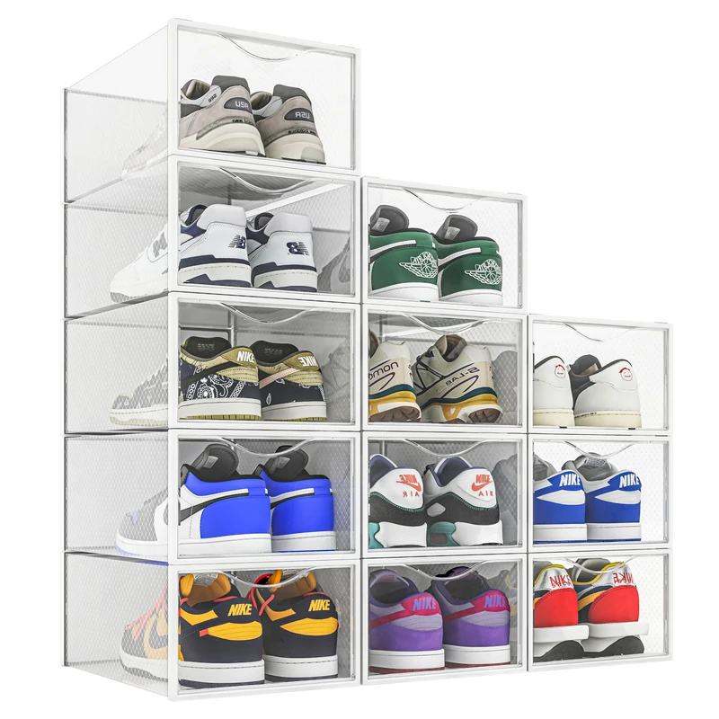Seseno 12 Pack Shoe Storage Bins, Clear Plastic Stackable Shoe Organizer for Closet, Space Saving Foldable Shoe Rack, Shoe Box Sneaker Holder Container