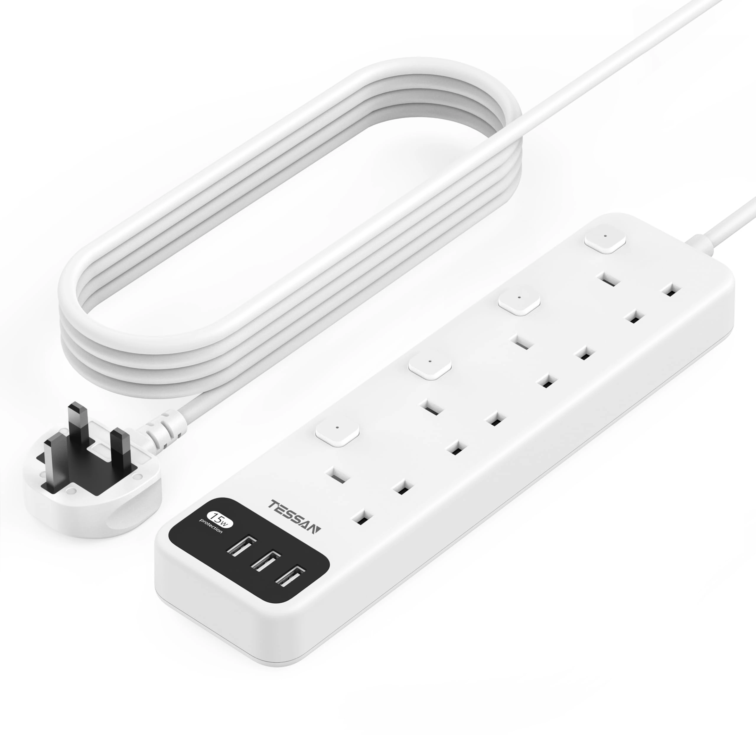 Extension Lead 5M with 3 USB Slots, TESSAN 4 Way Multi Plug Extender, Extension Cable with Switches, Multiplug Socket UK 3250W for Home Office School Supplies