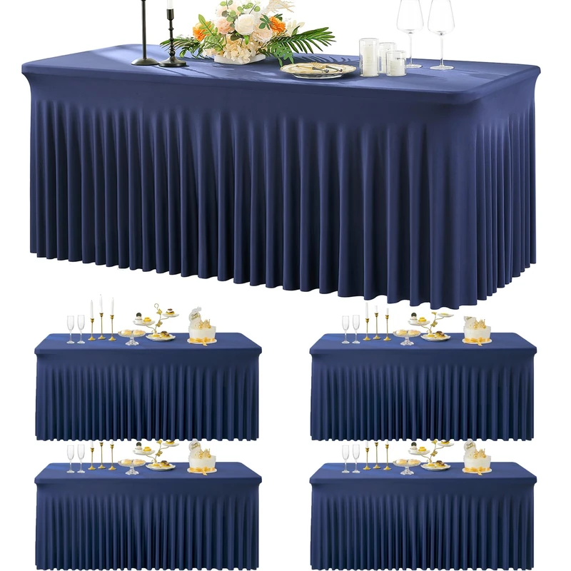 4 Pack Navy Blue Spandex Table Clothes for 6 Foot Rectangle Tables, Wrinkle Free Fitted Table Cloth 6ft Stretch Tablecloths with Skirt Cover for Parties Weddings Birthday Banquet Baby Shower