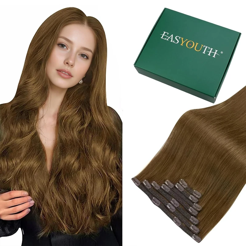 Easyouth Hair Extensions Clip in Real Hair Brown Clip in Hair Extensions Human Hair Medium Brown Double Weft Clip in Human Hair Extensions for Daily Life 18 Inch 120g 7Pcs #4