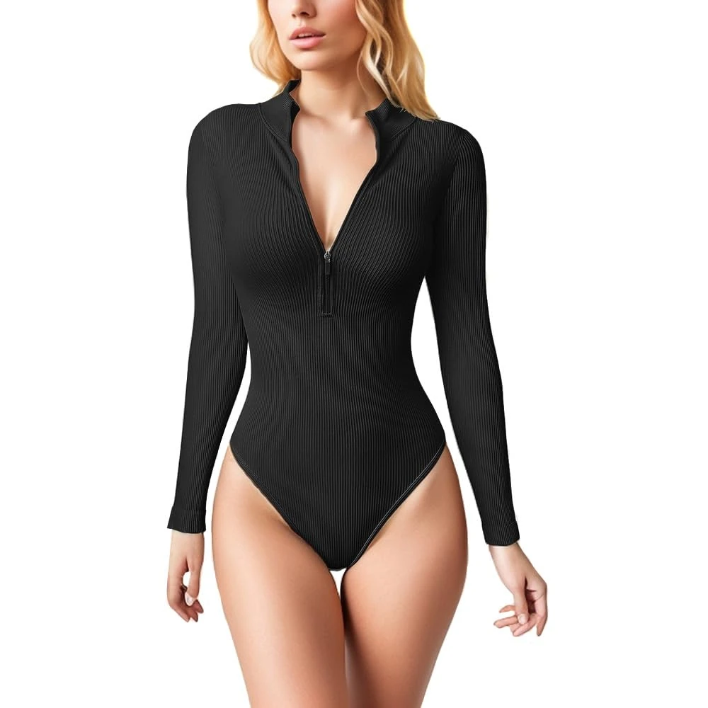 HSAJS Bodysuit for Women Sexy Ribbed One Piece Zipper Front Mock Neck Body Suit Bodycon Ladies Long Sleeve Elastic Romper Jumpsuit Leotard Basic Tops