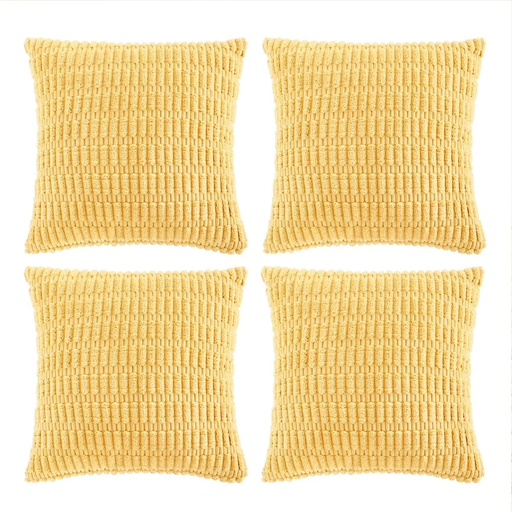 Fancy Homi 4 Packs Yellow Spring Decorative Throw Pillow Covers 16x16 Inch for Living Room Couch Bed Sofa, Rustic Farmhouse Boho Home Decor, Soft Striped Corduroy Square Cushion Case 40x40 cm