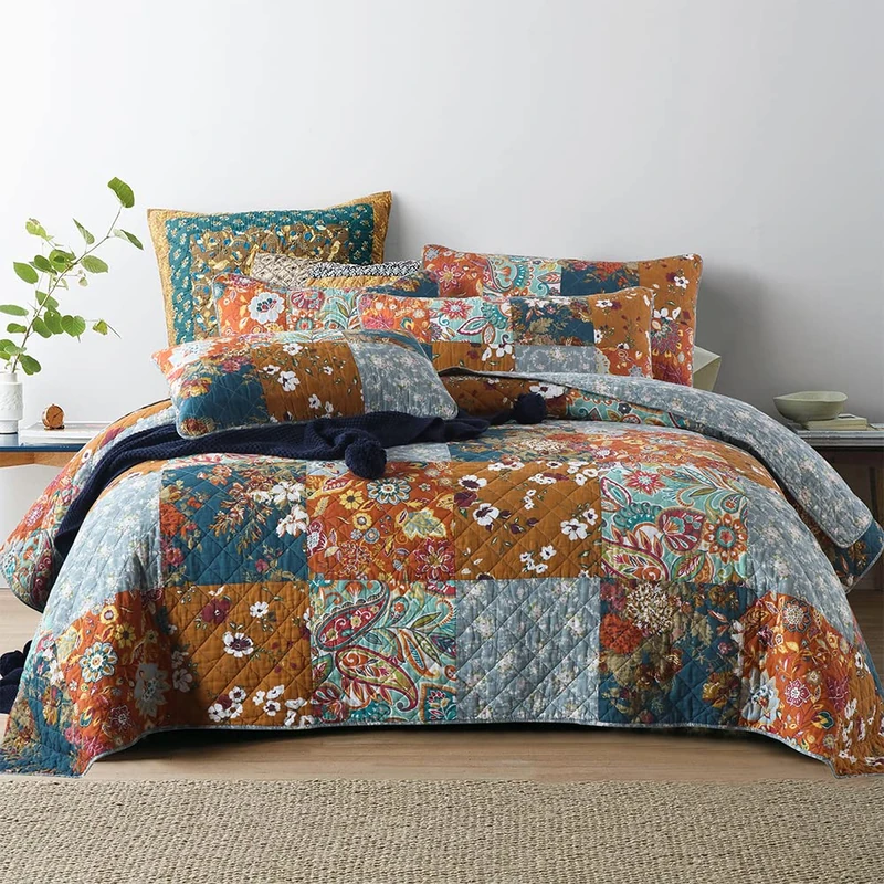 Autumn Dream Cotton Bedspread Yellow Grey Patchwork Quilt, Queen Size