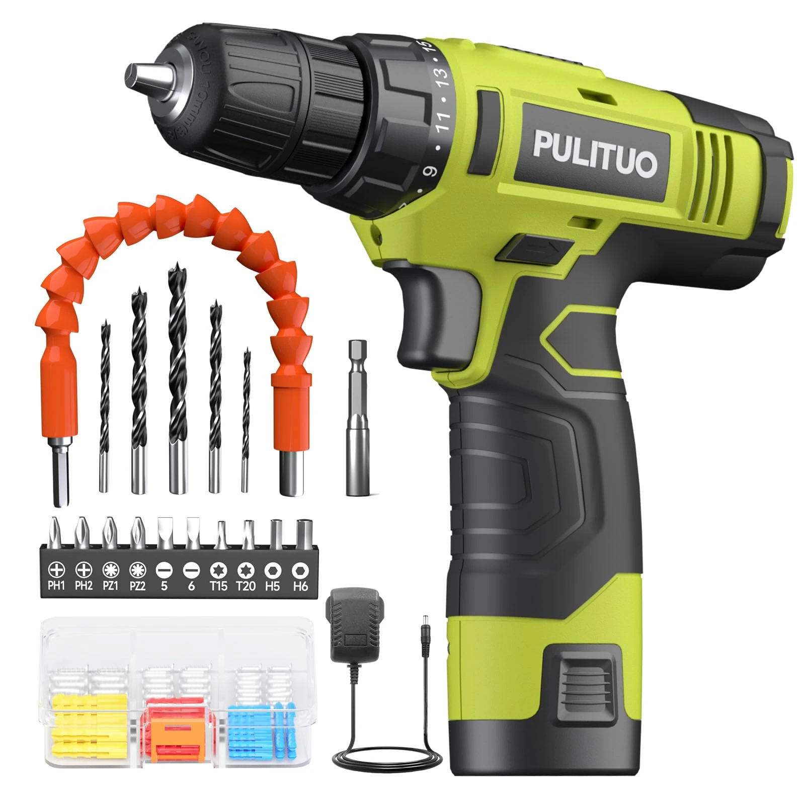 PULITUO 12V Cordless Drill - Powerful Drill Bit Set with Li-Ion Battery, 21+1 Torque Setting, 3/8” Keyless Chuck, Variable Speed Switch, LED Light
