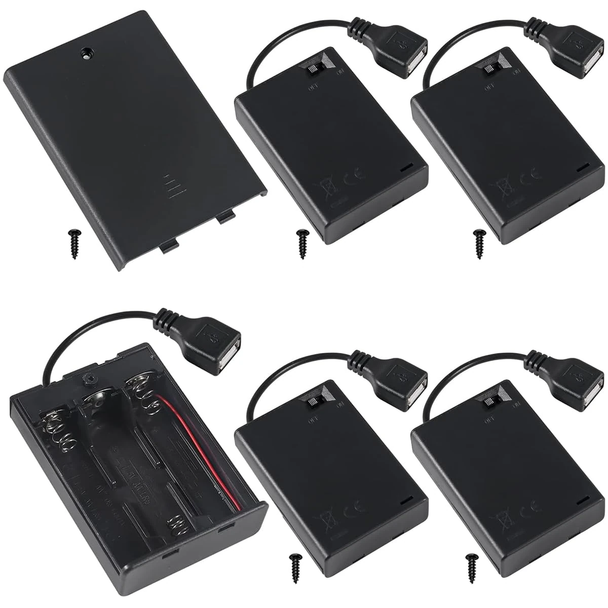 MKBKLLJY 5 Pcs 3 AA Battery Holder, USB Female Socket, 3 x 1.5V AA Battery Box Holder with Cover (Batteries are not included), ON/OFF Switch, screw,for Arduino RC LED Strip
