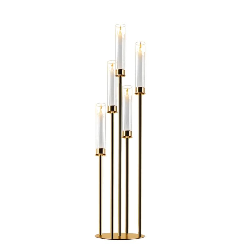 Gold Candelabra with Glass Cylinders for Real Candles 5 Arms Metal Candle Holder Wedding Event Party Home Decoration Centerpiece (1, L)