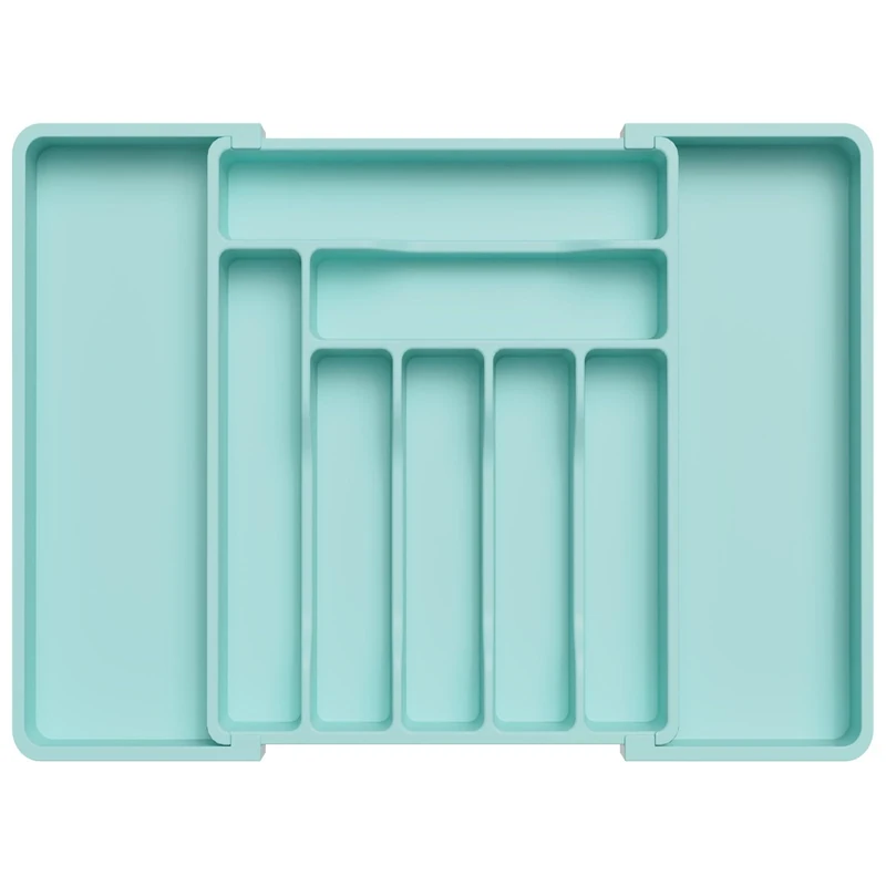 Lifewit Large Cutlery Drawer Organiser, Adjustable Kitchen Utensil Drawer Organiser, 9 Compartment, Cutlery Tray for Spoons Forks Knives,Turquoise