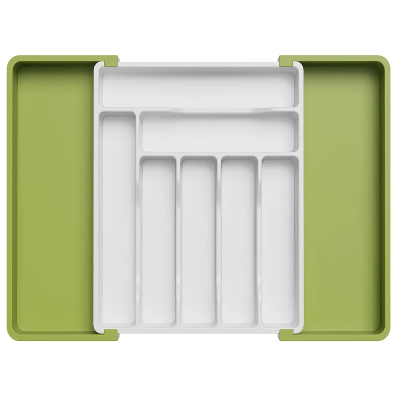 Lifewit Extendable Cutlery Drawer Organiser, Adjustable Cutlery Tray, Utensil Holder for Forks, Spoons, Knives, Plastic Kitchen Organiser and Storage, 9 Compartment, 33-57 x 38cm, Green& White