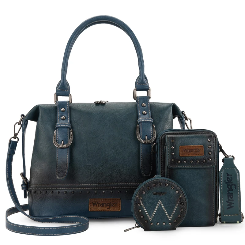 Wrangler 3Pcs Doctor Bag Sets for Women Top-handle Satchel Bag with Cell Phone Handbags and Coin Purse, Jet Oxford Jean