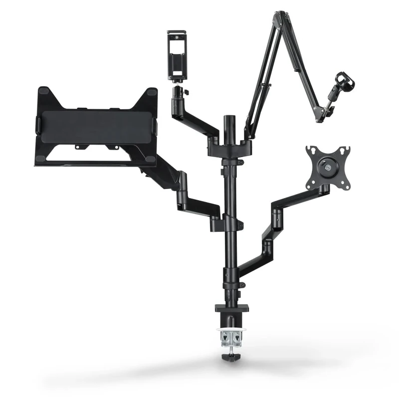 Hama Monitor Mount for Streaming Setup (4 Arms, Height Adjustable, Swivel, Tilt, Microphone Boom, Table Tripod, for 2 Monitors, Micro, Camera, Streaming Light, Mobile Phone, Ergonomic) Black