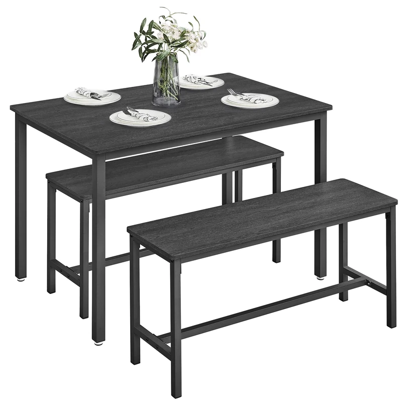 VASAGLE Dining Table with 2 Benches, 3 Piece Set, Kitchen Table of 70 x 110 x 75 cm, 2 Benches of 30 x 97 x 50 cm Each, Steel Frame, Ash Black and Ink Black KDT070B21