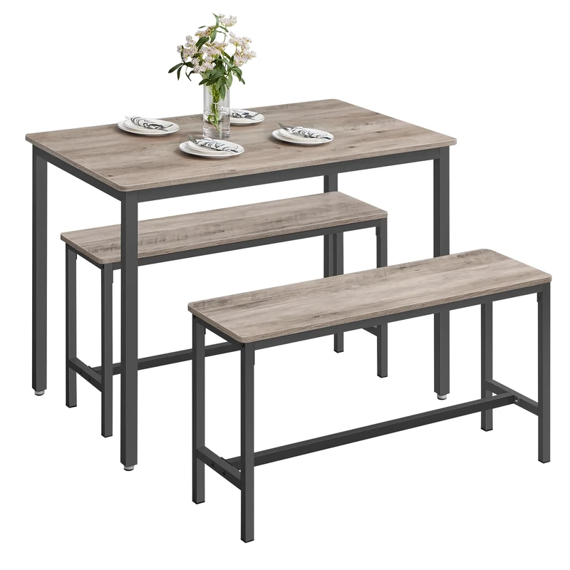 VASAGLE Dining Table with 2 Benches, 3 Piece Set, Kitchen Table of 70 x 110 x 75 cm, 2 Benches of 30 x 97 x 50 cm Each, Steel Frame, Heather Greige and Ink Black KDT070B02