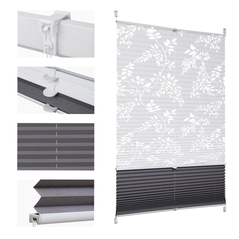 Sekey Pleated Blind Double Pleated Day+Night Blackout No Drilling Tensioned Light Protection Klemmfix Translucent Burnout Pattern 110 x 130 cm Print and Grey