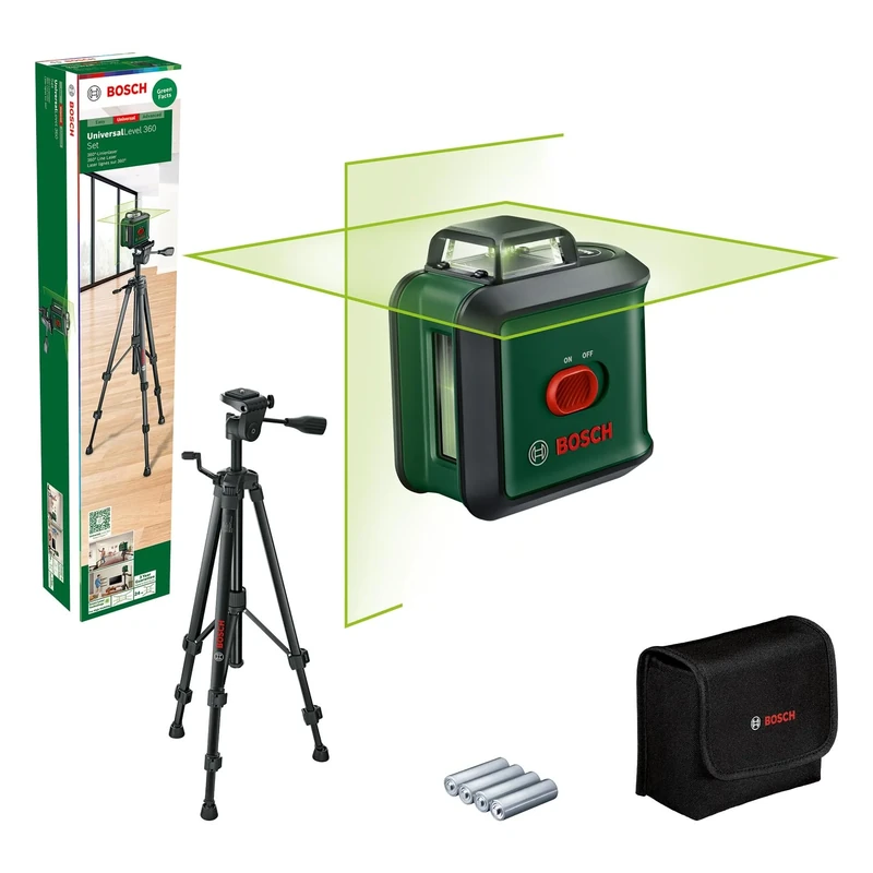 Bosch Cross line Laser UniversalLevel 360 with Premium Tripod (Vertical + Horizontal Laser Lines incl. 360° for Alignment Throughout The Entire Room, in Cardboard Box)