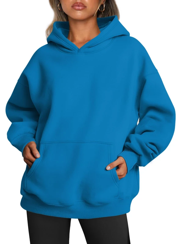 Trendy Queen Womens Oversized Hoodies Fleece Sweatshirts Long Sleeve Sweaters Pullover Fall Clothes with Pocket, Blue, Large