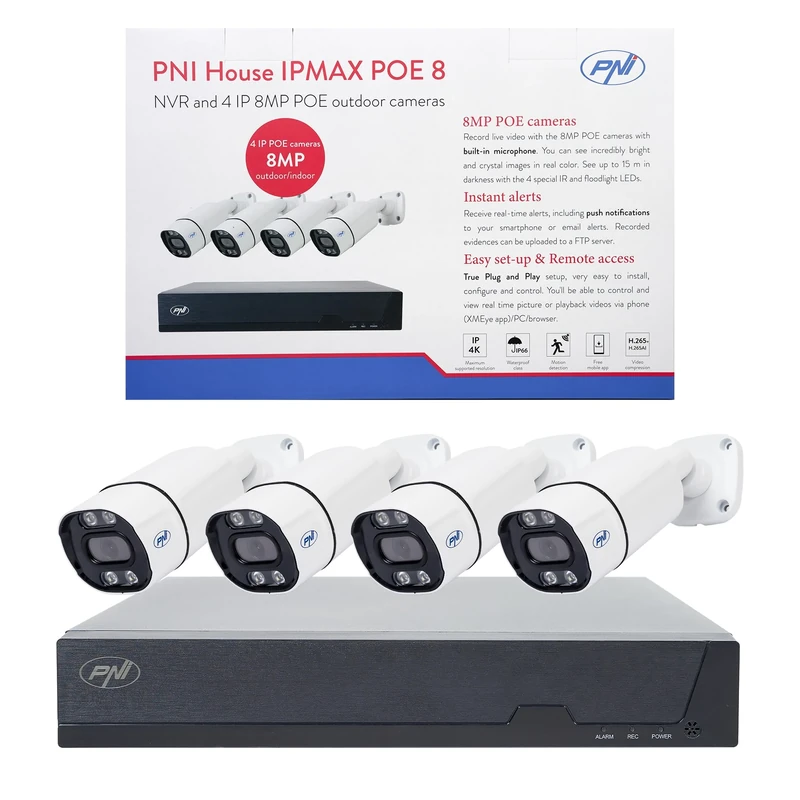 PNI House IPMAX POE-8 Video Surveillance Kit with NVR and 4 IP-Cameras, 8MP Resolution, Night Vision, Motion Detection, IP66 Waterproof, Compatible with IP-Technology