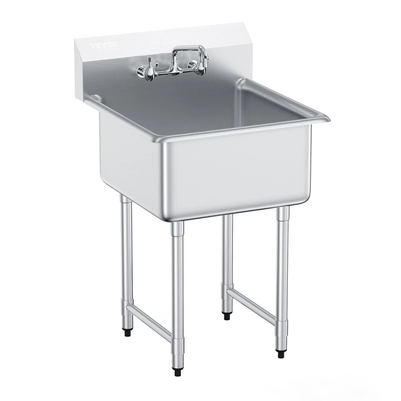 VEVOR Stainless Steel Prep & Utility Sink, 1 Compartment Free Standing Small Sink Include Faucet & Legs, 27"x24" Commercial Single Bowl Sinks for Garage, Restaurant, Kitchen, Laundry