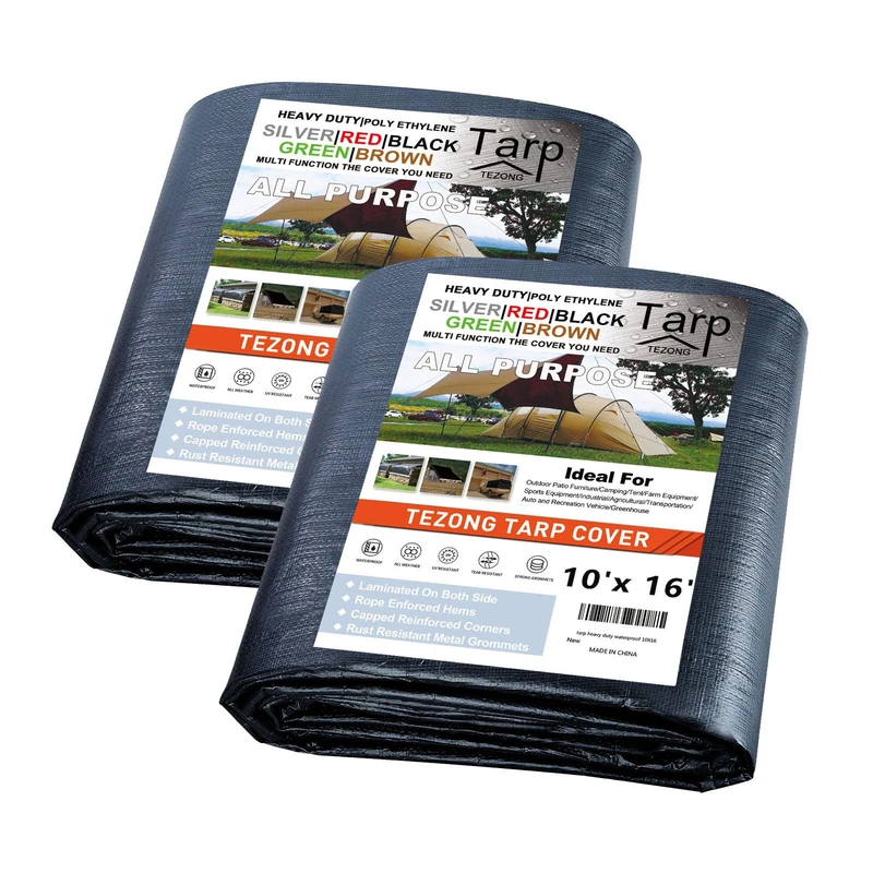 TEZONG 10x16Ft Tarp Waterproof,Black Poly Tarpaulin 12Mil Plastic Cover,2pack