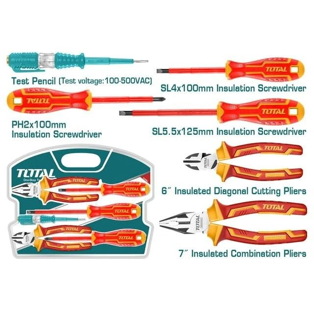 TOTAL - Electricians Tool Set - Includes 3 Screwdrivers, 2 Pliers and 1 Tester - Chrome Vanadium - VDE Standard Certification