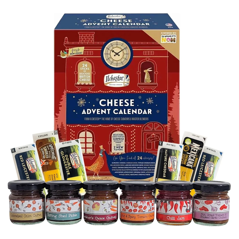 Cheese & Chutney Christmas Hamper Set - Ilchester 24 Days Cheese Advent Calendar 2025 & Selection of 6 Chutneys. Christmas Gifts for Women, Hampers, Mens Gifts