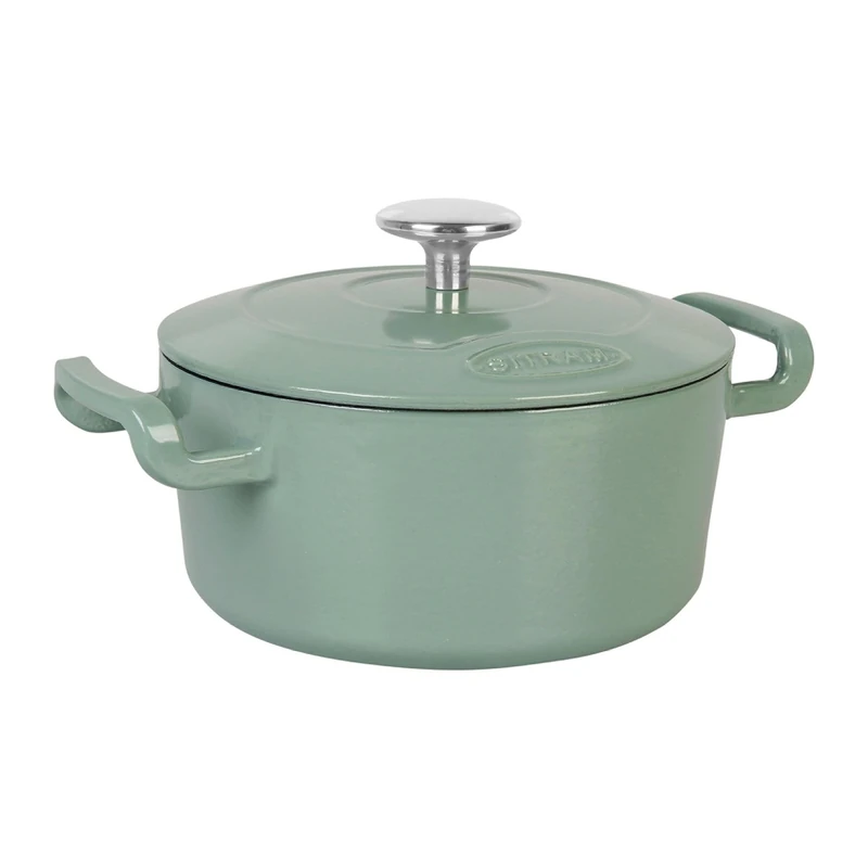 Sitram 715404 Sitrabella Casserole Dish Round Enamelled Cast Iron Diameter 20 cm - 2.5 Litres - Enamelled Exterior Sage Green Interior White - All Heat Sources Including Induction - Ideal Meal for 2-3