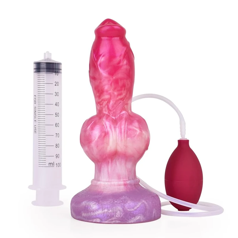 BeHorny Squirting Dildo Sex Toy, Liquid Silicone Alien/Fido/Animal Dildo with Suction Cup, Pump & Syringe Included