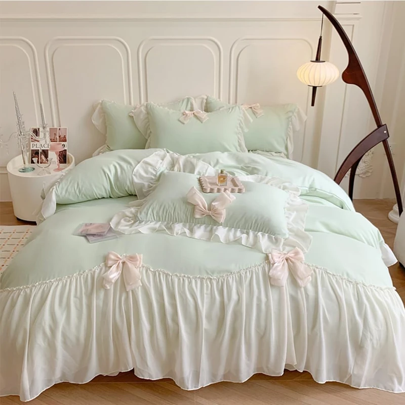 SOUKECHY Ruffled Bedding Bow Duvet Cover Set with Butterfly Tie, Soft Brushed Microfiber Shabby Chic Bedding Set with Zipper Closure