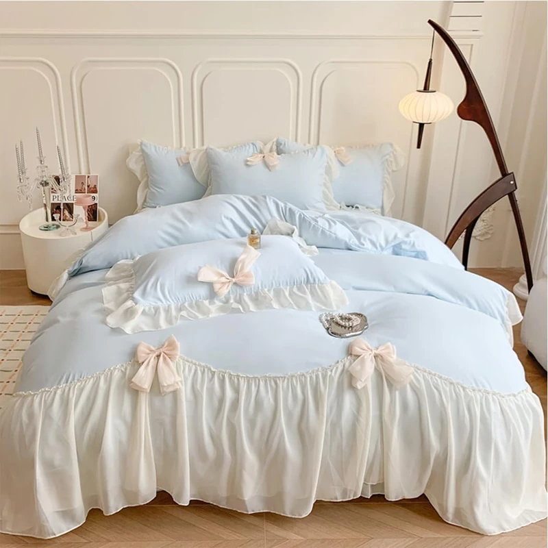 SOUKECHY Bed Linen Set, Full Duvet Cover Set with Ruffled Lace, 100% Soft Brushed Microfiber, Includes 2 Pillowcases, Zipper Closure, Shabby Chic Design, Blue, Full Size