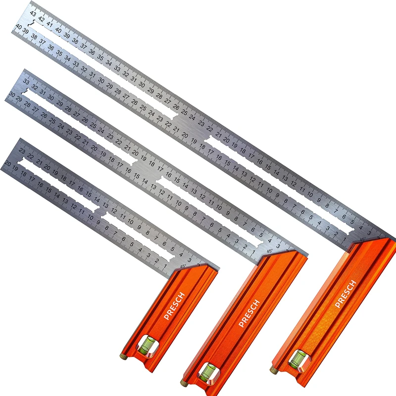 Presch Try Square Set | 200mm, 300mm & 400mm | All-in-One Compact Set | Includes rust-free marking gauge (20cm, 30cm & 40cm), level & scribing needle | 90° & 45° | Carpenters Squares, Square Tool