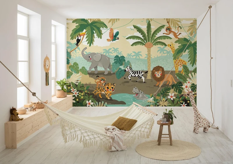 Komar Non-Woven Photo Wallpaper Baby Safari Size 300 x 250 cm Children's Bedroom Wallpaper Jungle Animals