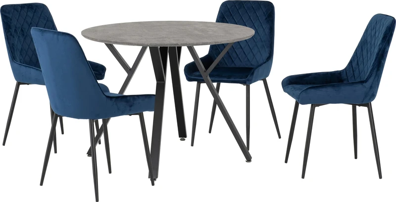 Seconique Athens Round Dining Table Set with 4 Avery Dining Chairs in Concrete/Sapphire Blue Velvet
