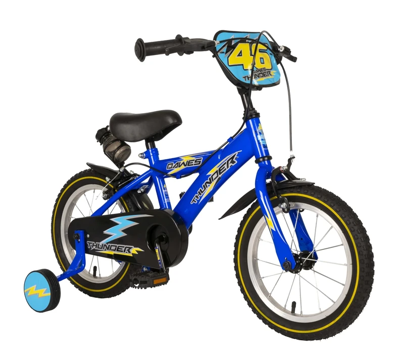 Dawes Thunder 14" Kids Bike | Junior Style kids boys Bicycle | single Speed, Adjustable Height, stabilisers, number plate, water bottle and cage | Blue | Ages 3+