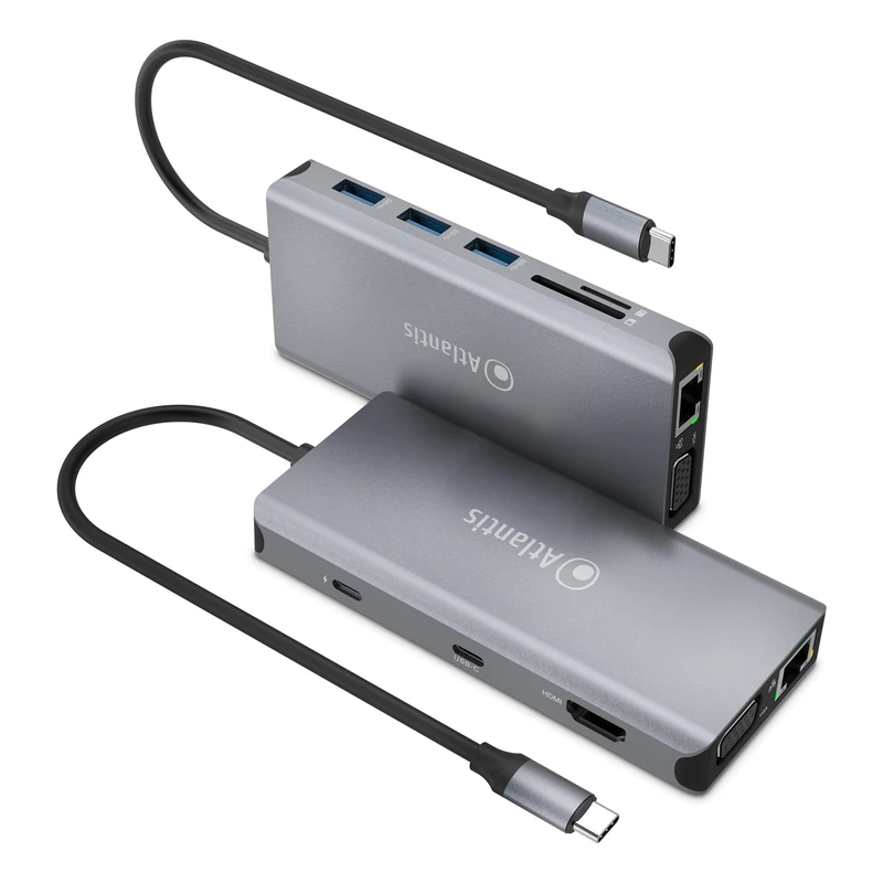 ATLANTIS A04-TC_DK46 USB C (Type C) to HDMI 4K, VGA, Ethernet RJ45 Gigabit Docking Station, 3 USB 3.0, 1 USB C, 1 PD-85W, 1 Audio IN/OUT 3.5mm, Card Reader, 18cm Cable Compatible with All Notebooks