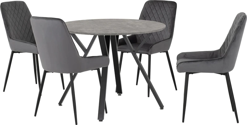 Seconique Athens Round Dining Table Set with 4 Avery Dining Chairs in Concrete/Grey Velvet