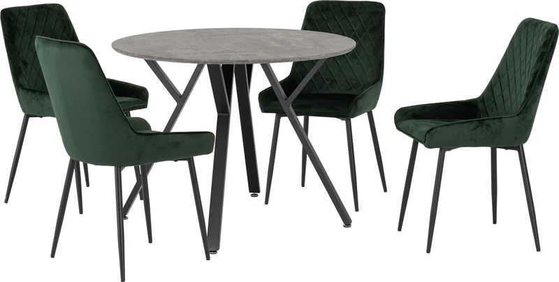 Seconique Athens Round Dining Table Set with 4 Avery Dining Chairs in Concrete/Emerald Green Velvet