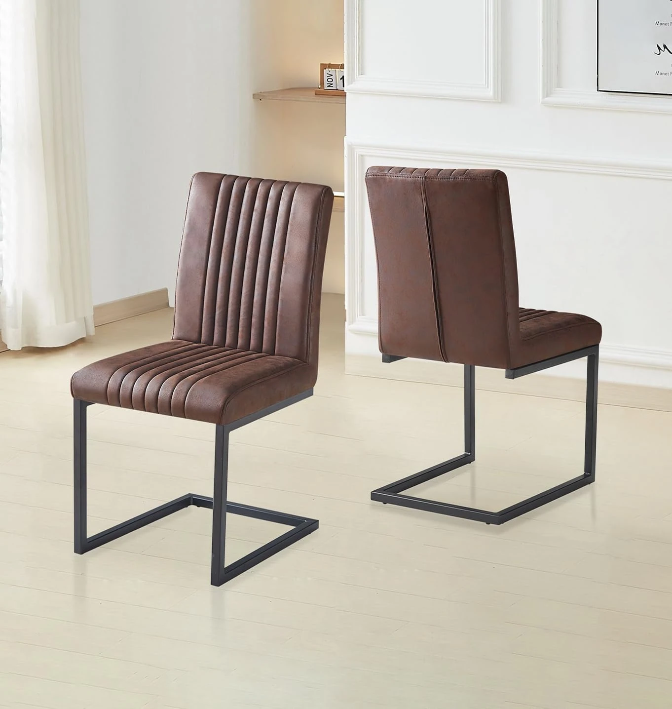 Hallowood Furniture Cullompton Set of 2 Brown Faux Leather Dining Chairs with Black Legs, Stylish and Modern Brown Cantilever Chair Perfect for Home, Office, or Cafe Dining