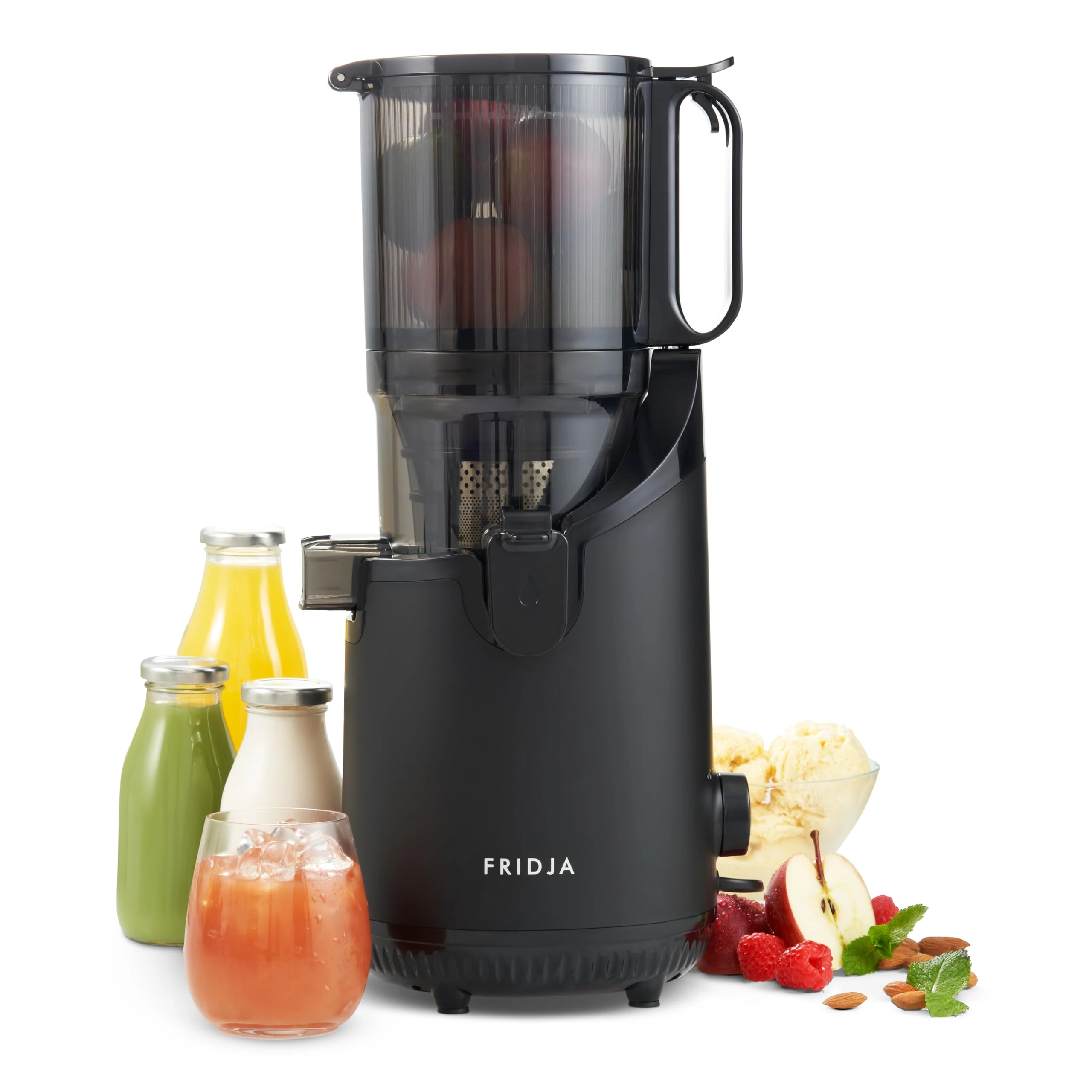 Fridja f2500 Self-Feeding Juicer Machine - Premium Whole Fruit Masticating Slow Juicer - 135mm Feeding Chute, 250W - Cold Press Juice & Nut Milk Extraction - Full-Size - Matte Black [Energy Class A++]