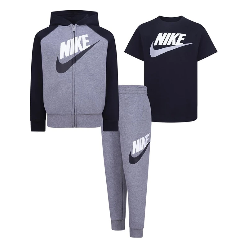 NIKE - Set consisting of T-SHIRT and TROUSERS - Sweatshirt with hood and zip - Half-sleeve T-SHIRT - Trousers with elastic waist - Trousers with ribbed hems -Regular Fit Black/Grey/White GEH 2
