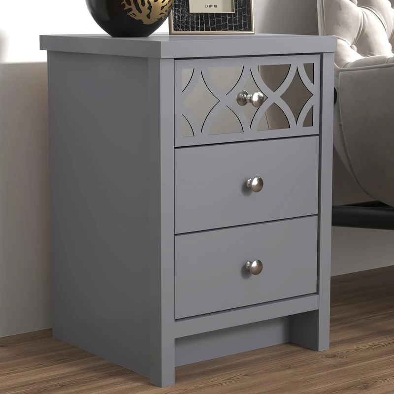 GFW Arianna Bedside Table With 3 Drawers, Modern Side Table Storage Unit With Mirrored Design Storage Cabinet For Bedroom, Living room & Hallway, Flat Pack Furniture, Grey, W39.5 x D39.8 x H59.0cm