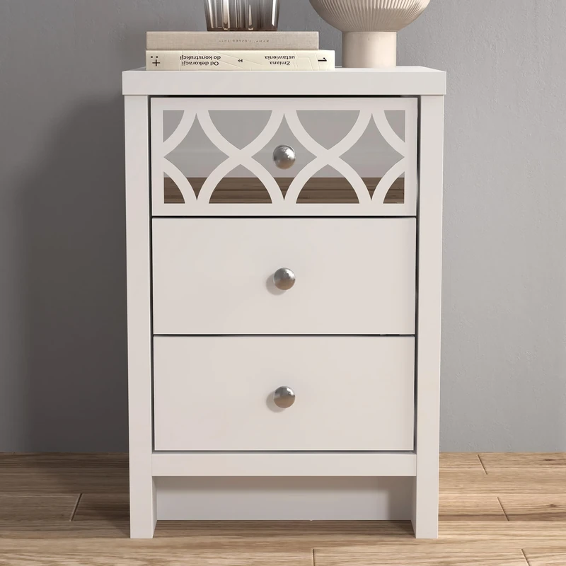 GFW Arianna Bedside Table With 3 Drawers, Modern Side Table Storage Unit With Mirrored Design Storage Cabinet For Bedroom, Living Room & Hallway, Flat Pack Furniture, White W39.5 x D39.8 x H59.0cm