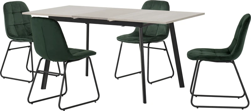 Seconique Avery Extending Dining Table Set with 4 Lukas Dining Chairs in Concrete/Emerald Green Velvet