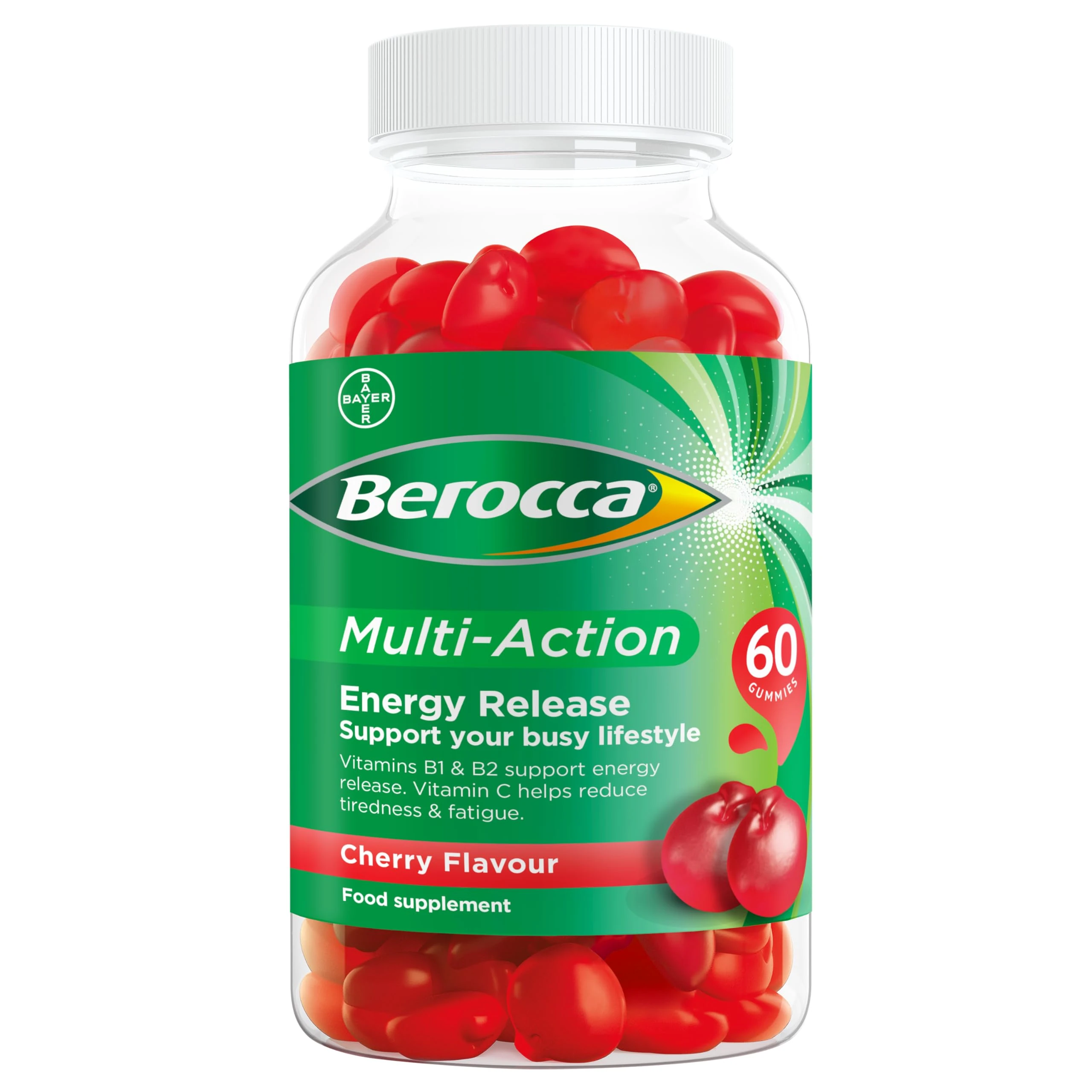 Berocca Multi-Action Multivitamin Gummies - Including Vitamin D, C, A, B-Complex (B1, B2, B3, B6, B7 & B12), E - Supplement for Women, Men and Kids - 60 Gummies - Cherry Flavour