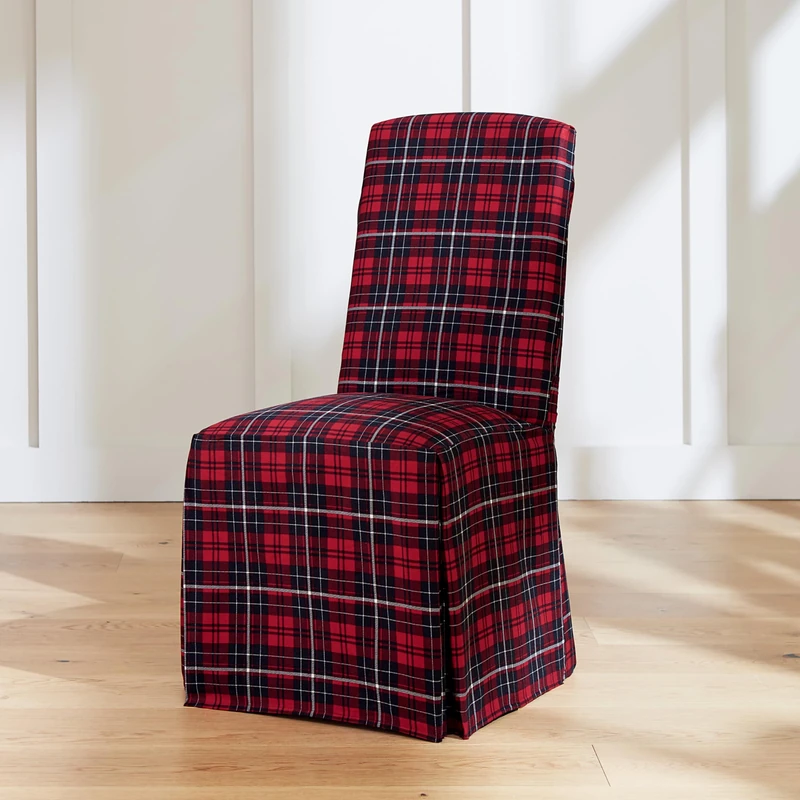 Surefit Cove Cotton Canvas Long Dining Room Chair Covers, Dining Chair Cover with 17 Inch Long Skirt and Corner Pleats, Removable and Machine Washable, Set of 2 Dining Chair Covers, Plaid